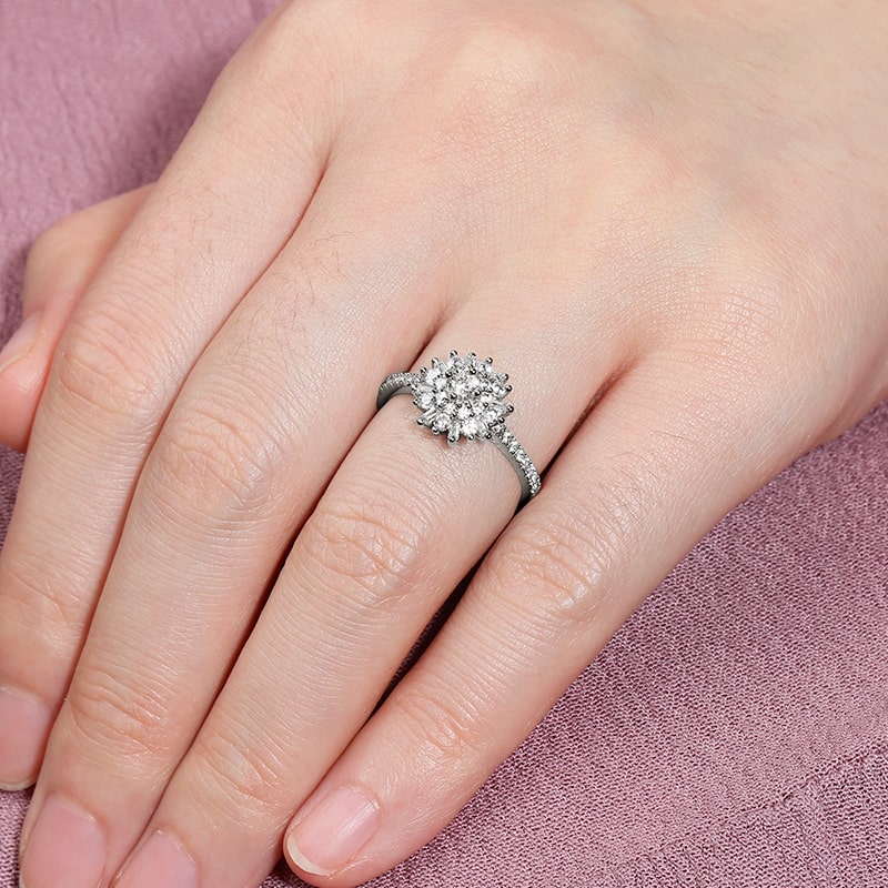 Flower Promise Ring Round Baguette Cut White Sapphire for Woman_3