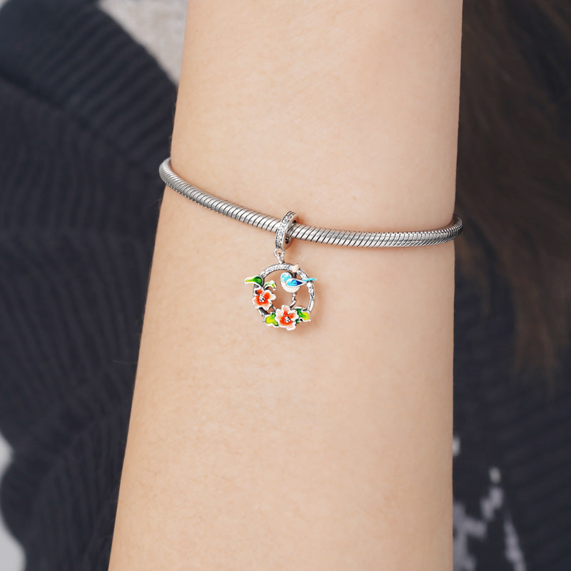 Bird & Flowers Pendant Dangle Charm 925 Sterling Silver Inlaid with Clear Zircon Stones_3