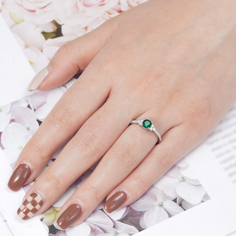 Elegant Round Cut Emerald Ring 925 Sterling Silver Pave Gemstones_3