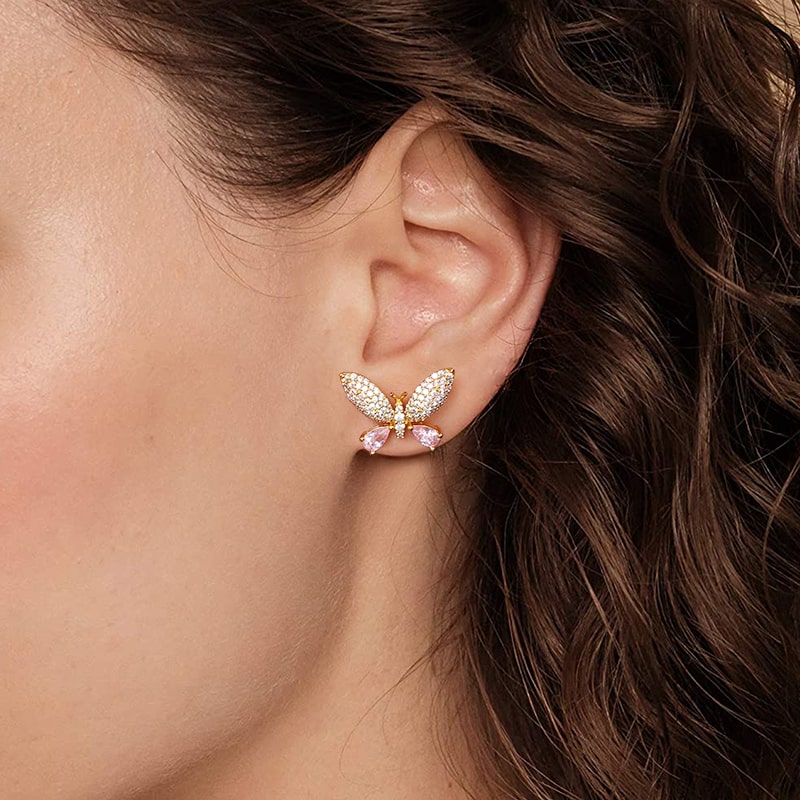 Butterfly Stud Earrings 925 Sterling Silver 18k Gold Plated Inlaid with Pink Gemstones_3