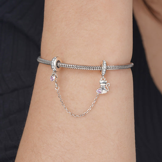 Cute Cat & Heart Safety Chain 925 Sterling Silver Inlaid with Clear and Pink Gemstones_3