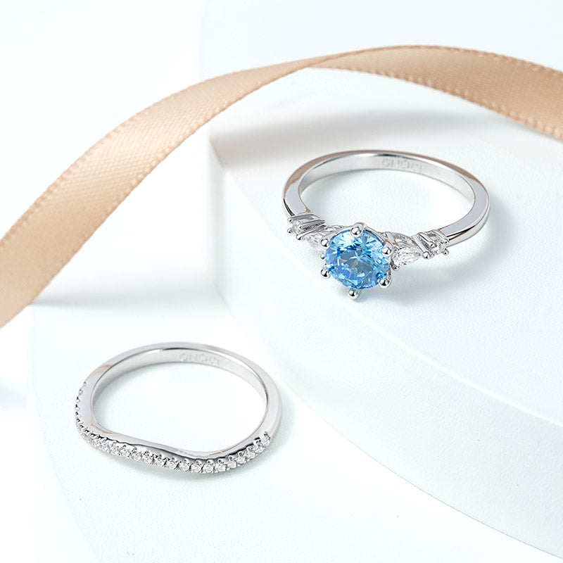 Wishbone Stacking Blue Round-cut Ring Set 925 Sterling Silver_4
