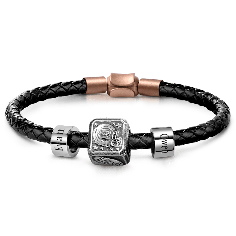 Football Vintage Bead & Customized Classic Beads S925 Sterling Silver with Gift Copper Black Leather Men's Bracelet Jewelry for Men_1