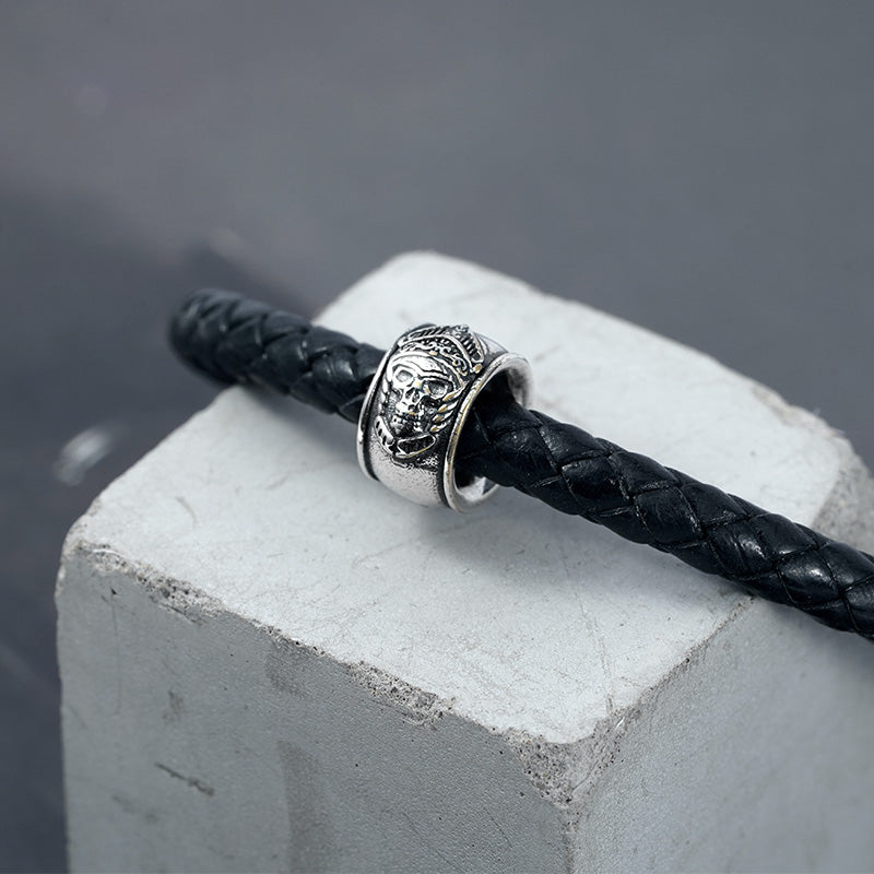 Skeleton Knight Armor Vintage Bead S925 Sterling Silver with Gift Copper Black Leather Men's Bracelet Jewelry for Men_5