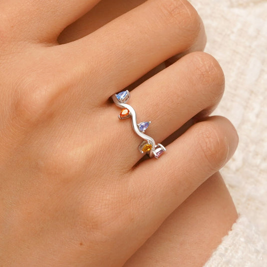 Gnoce Wavy Colorful Diamond Band Ring_5
