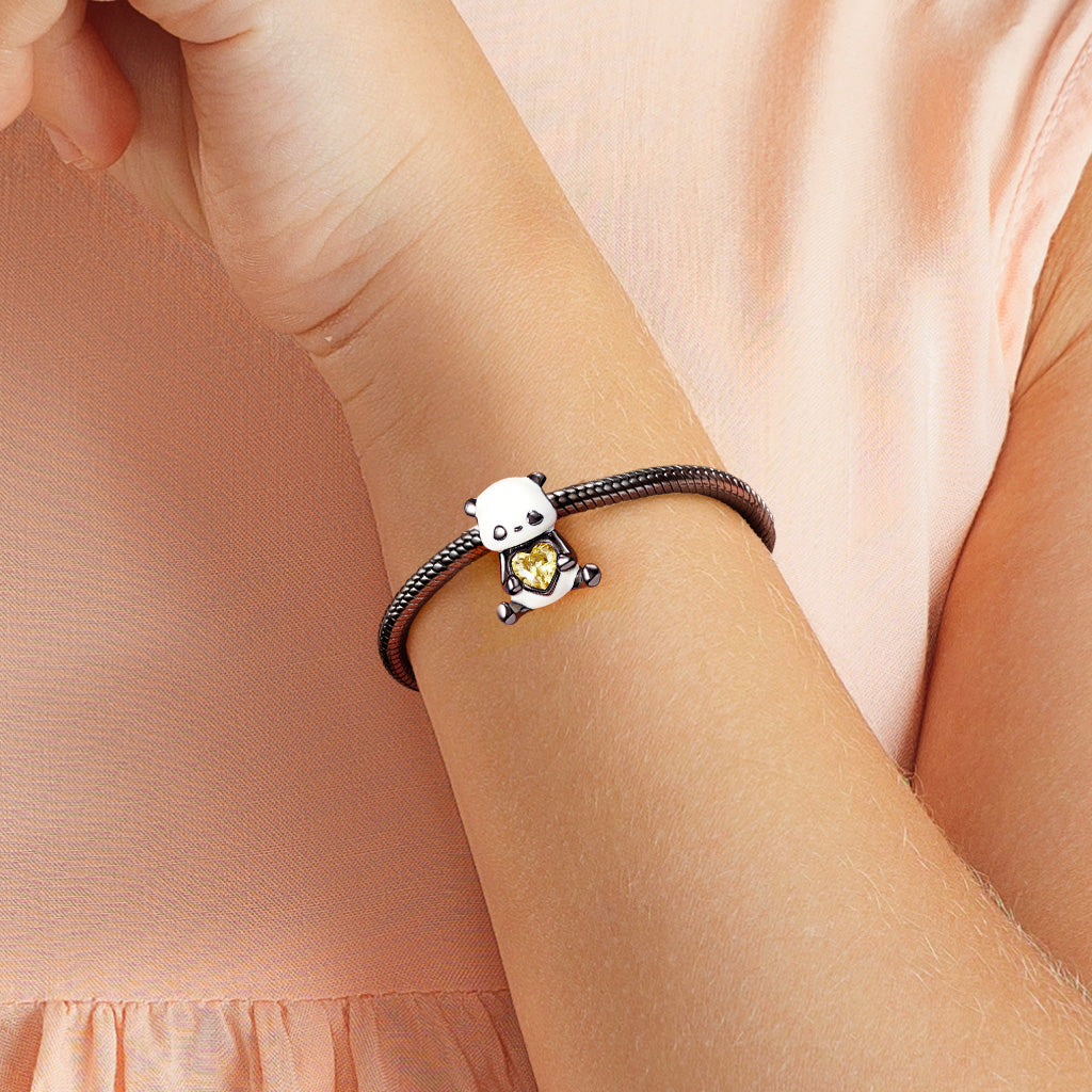 Panda Embraces Heart-shaped Gem Charm Bead Sterling Silver_4