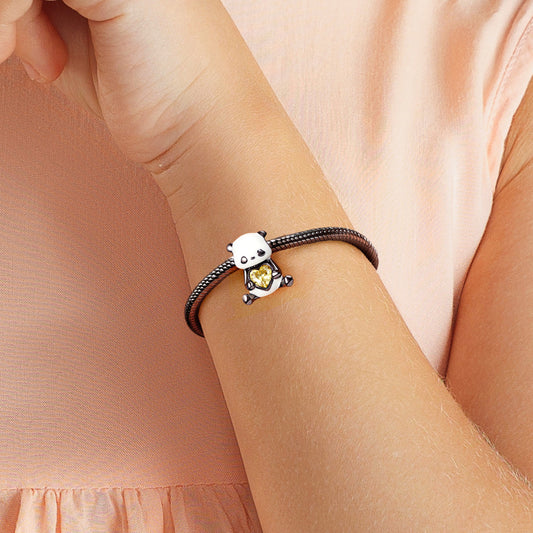 Panda Embraces Heart-shaped Gem Charm Bead Sterling Silver_4