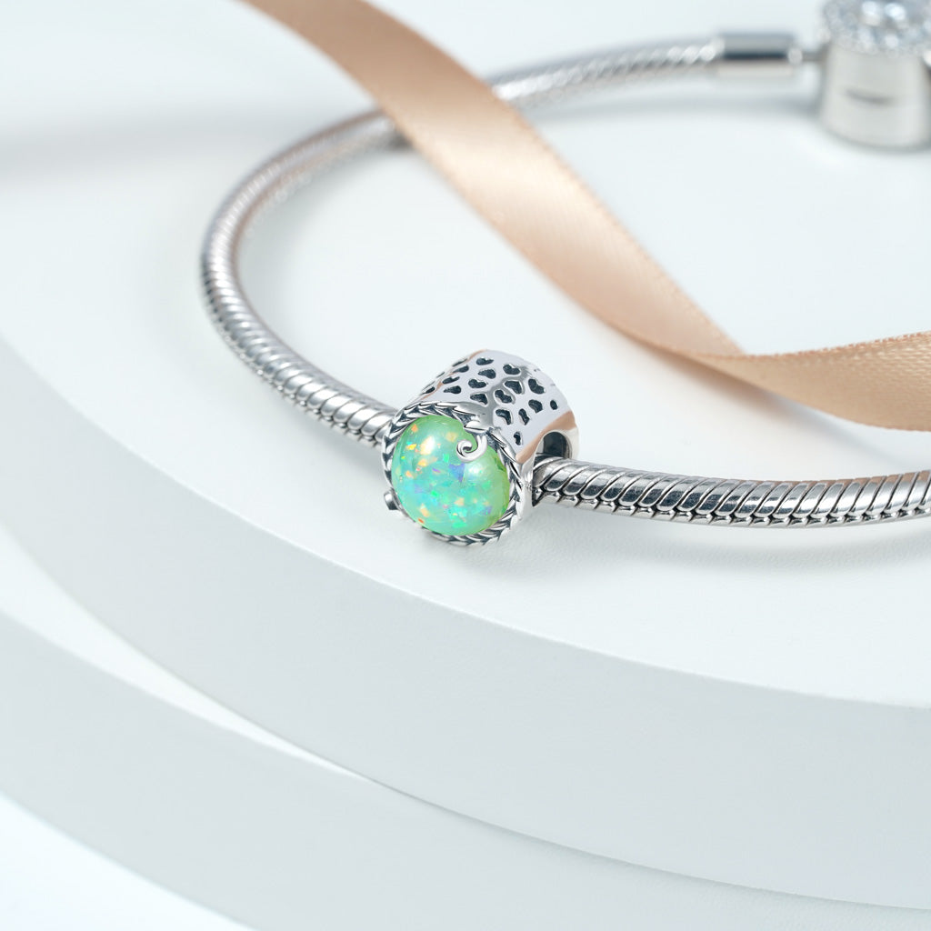 Minimalist vine Charm Bead 925 Sterling Silver Inlaid with Natural Opal Gemstone_2