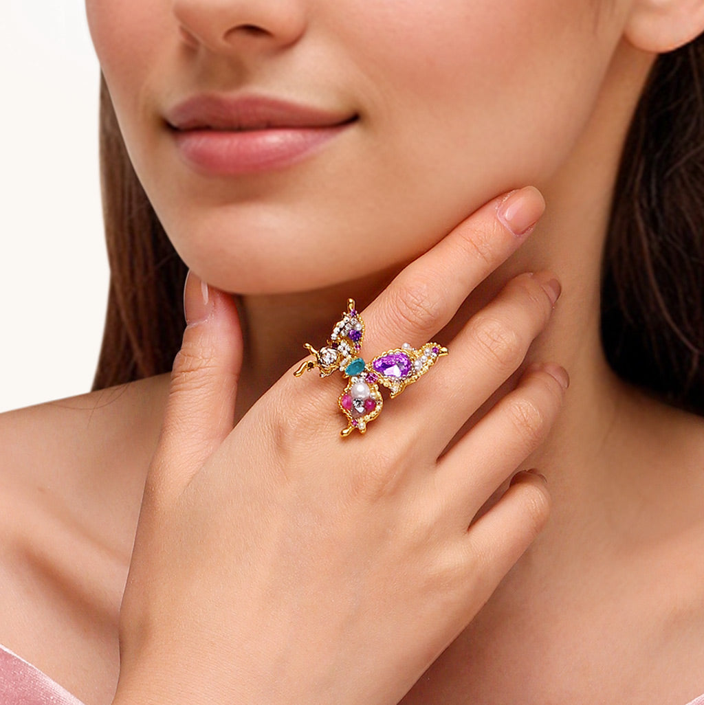 Gnoce Multi-Gemstone Pearl Butterfly Open Ring_4