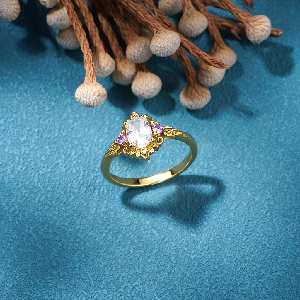 Gnoce Oval-Cut Gold Leaf Pattern Promise Ring_3