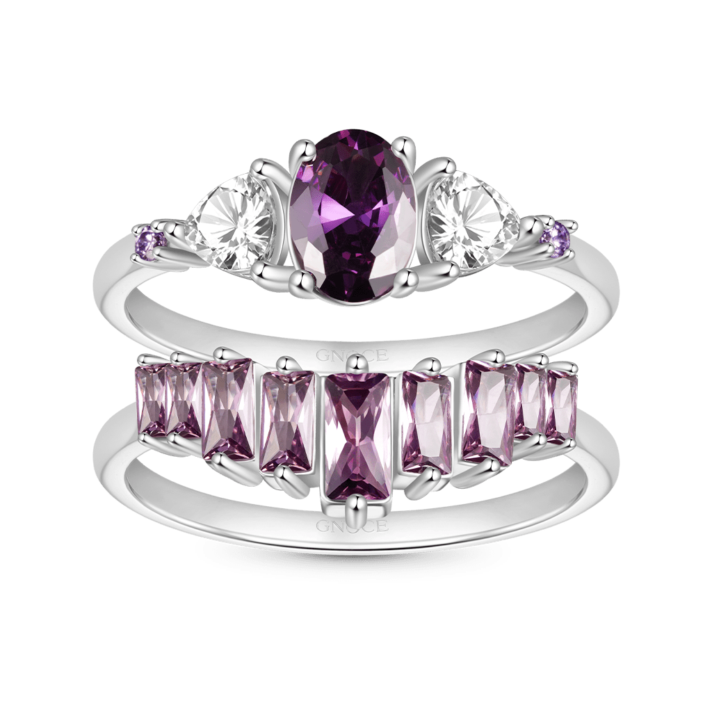 Gnoce Egg-cut Fuchsia Rectangle Stones Stacking Ring Set_1