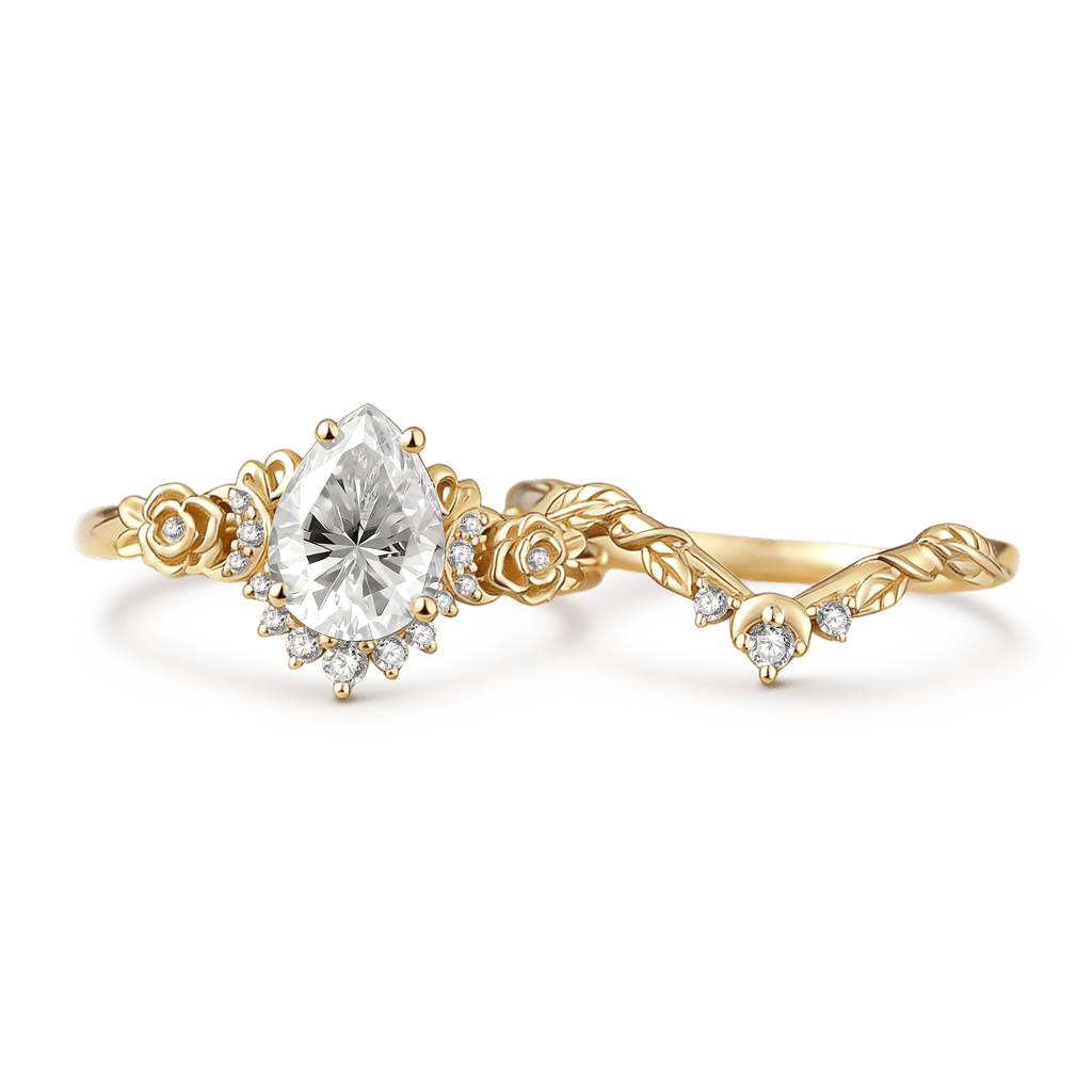 Gnoce Moon & Flower InspiredPear-cut Engagement Ring Set_4