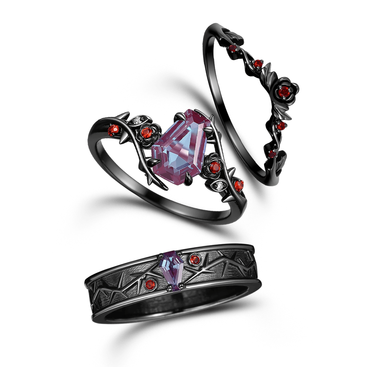 Gnoce Gothic Style Coffin Thorns & Roses Moissanite Ring Set_4