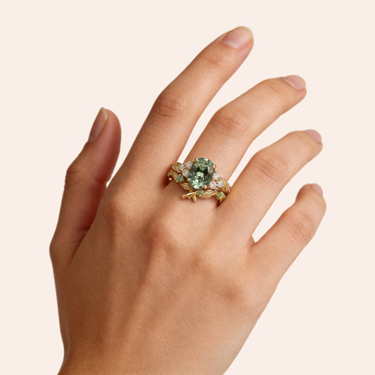 Gnoce Nature-Inspired Leaf Oval-Cut Engagement Ring Set_2