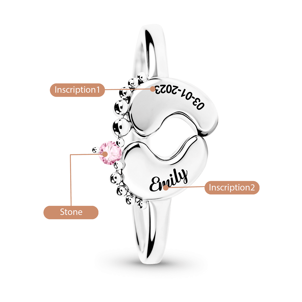 Gnoce Baby Footprint Name Ring Custom Birthstone Mom Ring_3