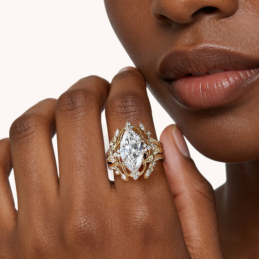 Gnoce Retro Style Leaf Marquise-Cut Engagement Ring Set_2