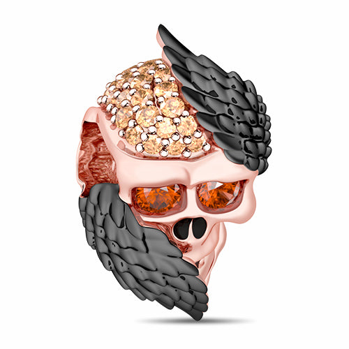 Gnoce "Skull with Angel Wings" 925 Sterling Silver with Rose Gold Plated Champagne Stones Black Wings For Wings Fit Pandora Bracelet_1