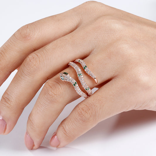 Gnoce "Creative life Force" 18K Rose Gold S925 Sterling Silver Green Snake Ring with Clear CZ Stones_3