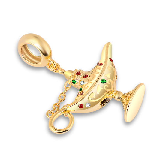 Aladdin Magic Lamp Pendant Dangle Charm Sterling Silver 18K Gold Plated inlaid with Multicolour Stones_2