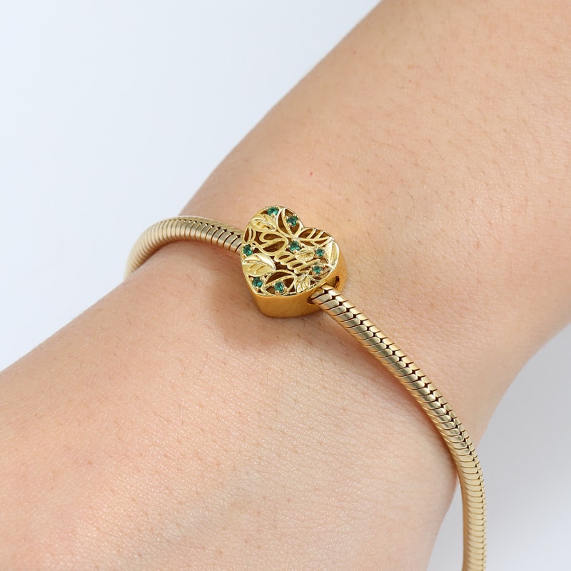 Leaves Heart-shaped Personalized Photo Charm Bead for Dad Sterling Silver 18k Gold Plated_3