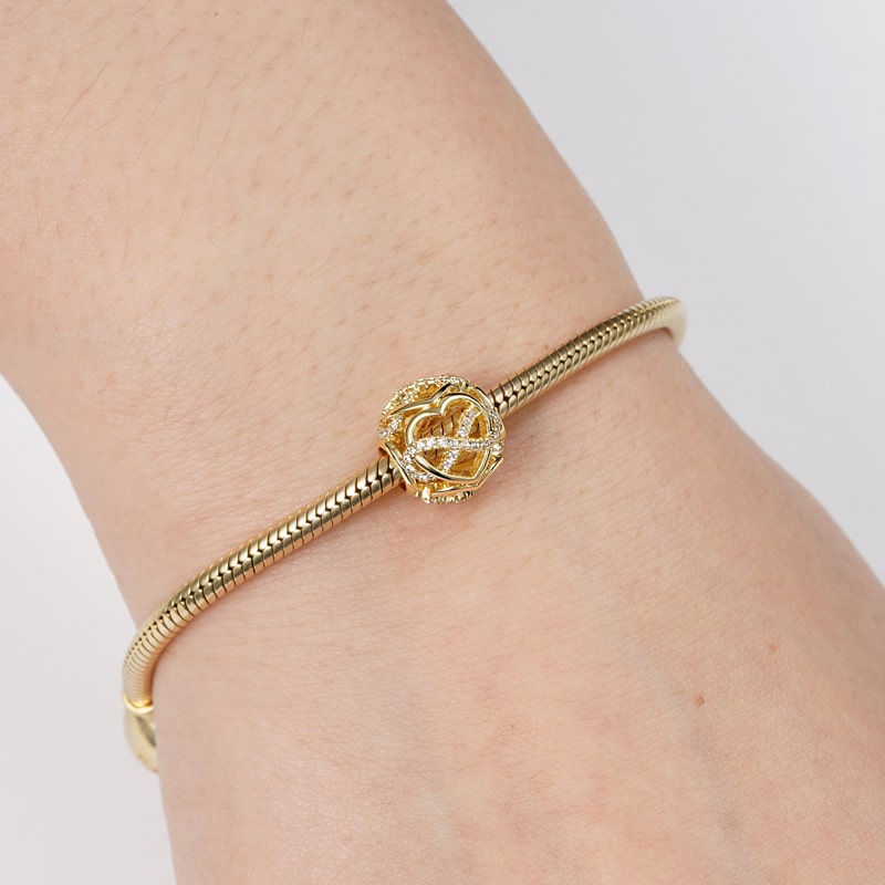 Infinite & Heart intertwined Hollow Charm Bead Sterling Silver 18K Gold Plated inlaid with Stones_3