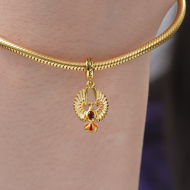 Golden Phoenix Pendant Dangle Charm Sterling Silver 18k Gold Plated inlaid with Oval Cut Ruby_3