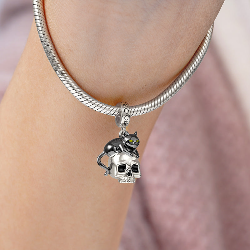Black Cat with Skull Pendant Dangle Charm Sterling Silver_3