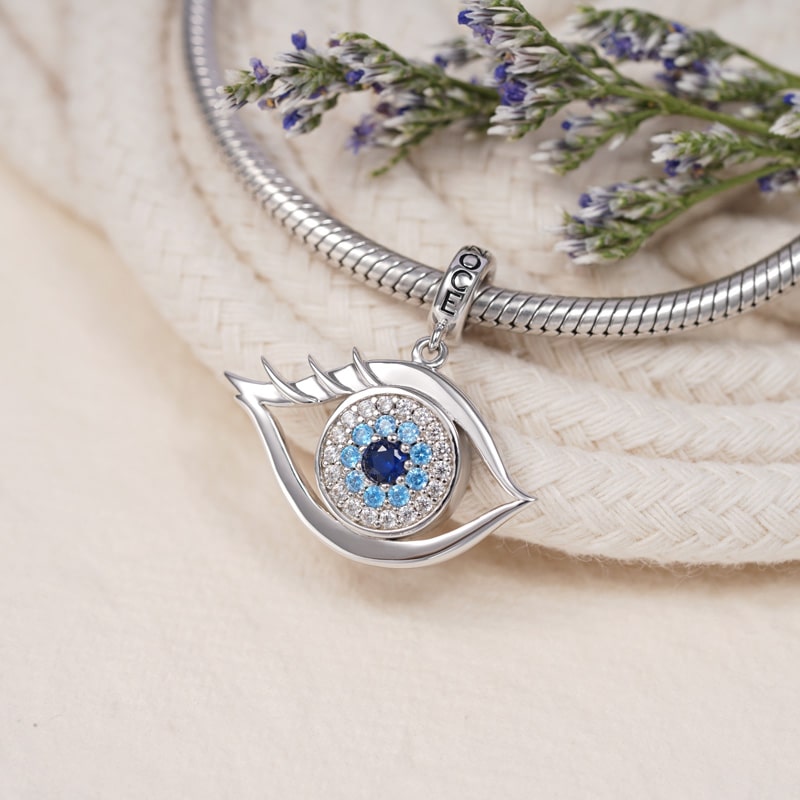 Devil's Eye Photo Charm Bead Sterling Silver Inlaid with Crystal Gems_2