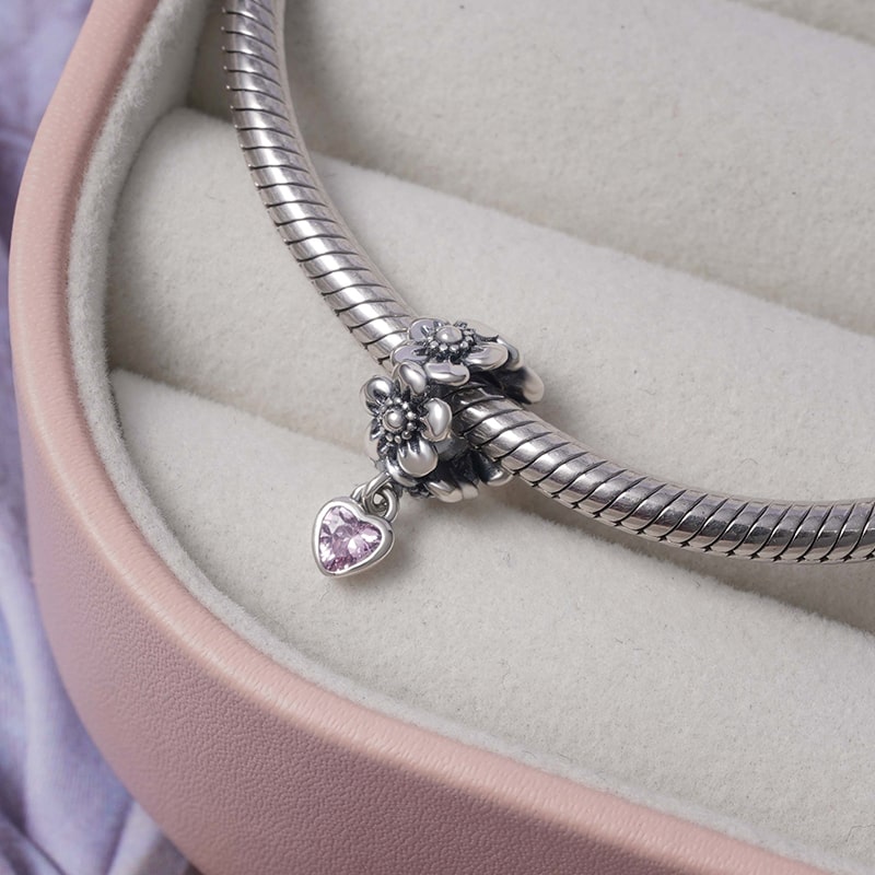 Flowers & Heart Pendant Dangle Charm Sterling Silver_2