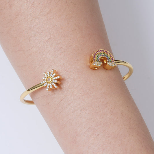 Rainbow and Sun Bangle Bracelet Sterling Silver 18K Gold Plated Inlaid with Colorful Gemstones_3
