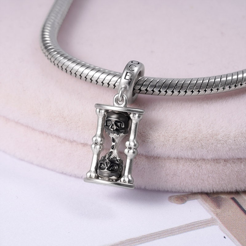 Skull Hourglass Pendant Dangle Charm Matte Sterling Silver_2
