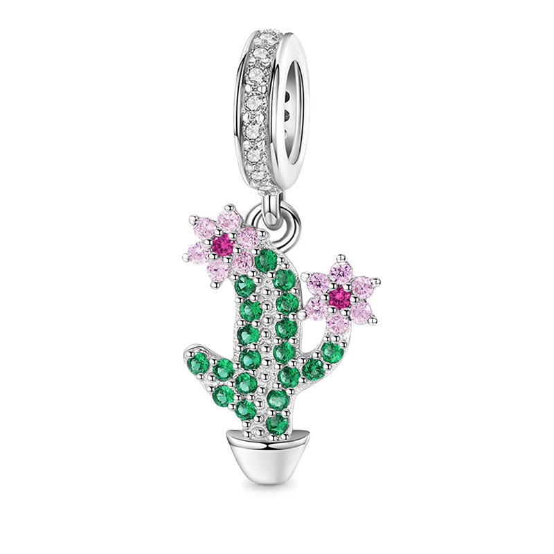 Cactus Flower Pendant Dangle Charm Sterling Silver Inlaid with Colorful Gemstones_1