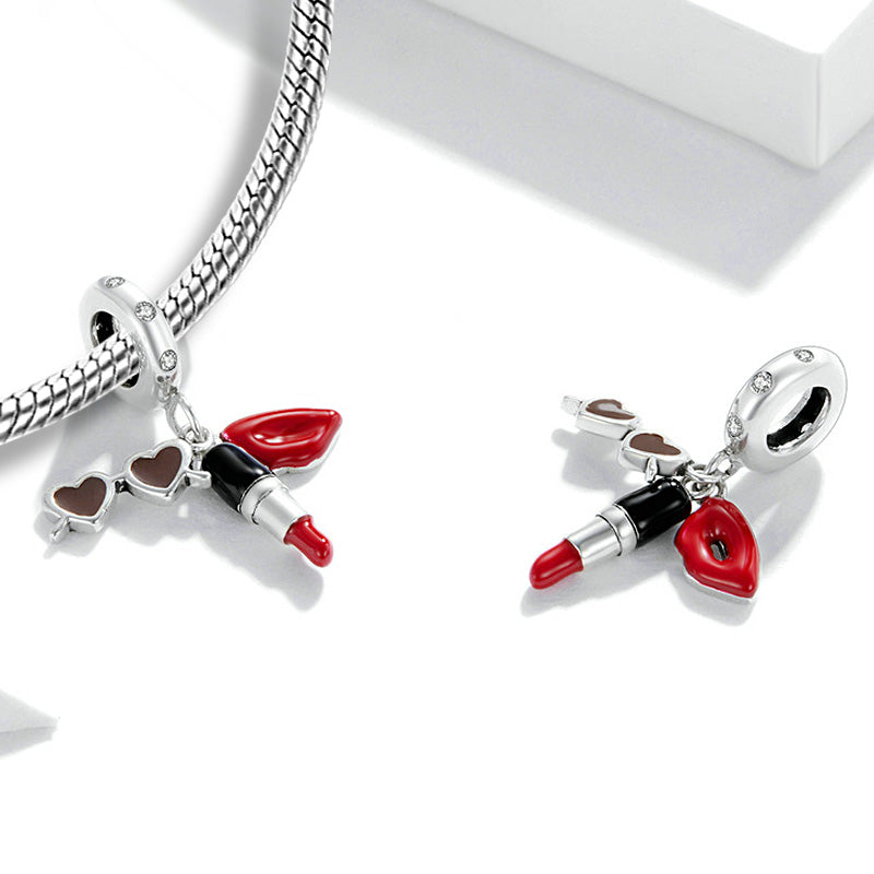 Fashionable Lipstick & Sunglasses Pendant Dangle Charm Sterling Silver_2