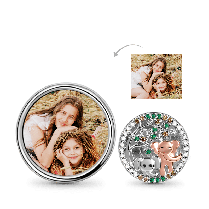 Tree of Life with Elephants Personalized Photo Charm Bead 925 Sterling Silver inlaid with Stones Mother's Day Gift_1