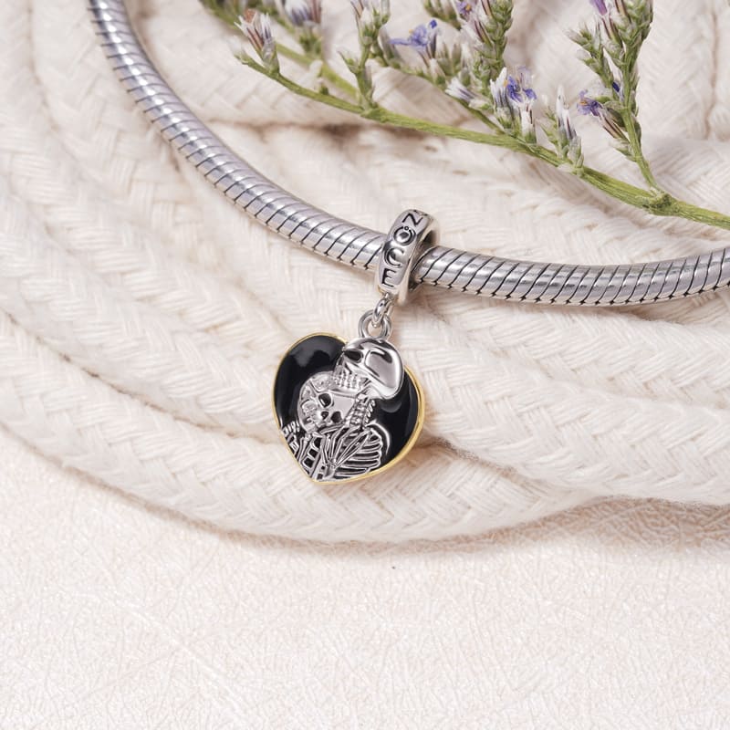 Skeleton Couple Heart Frame Pendant Dangle Charm Sterling Silver_2