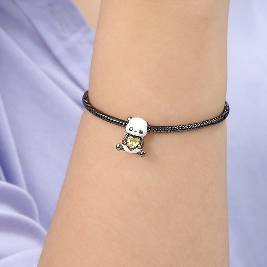 Panda Embraces Heart-shaped Gem Charm Bead Sterling Silver_3