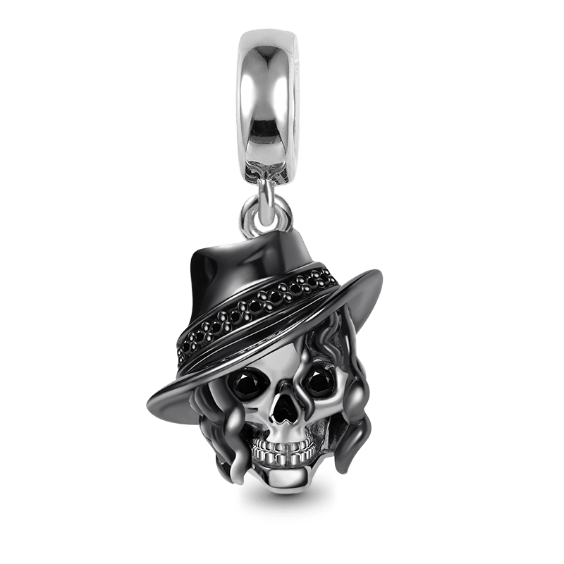 Curly Hair Skull with Hat Pendant Dangle Charm Sterling Silver Black Plated_1