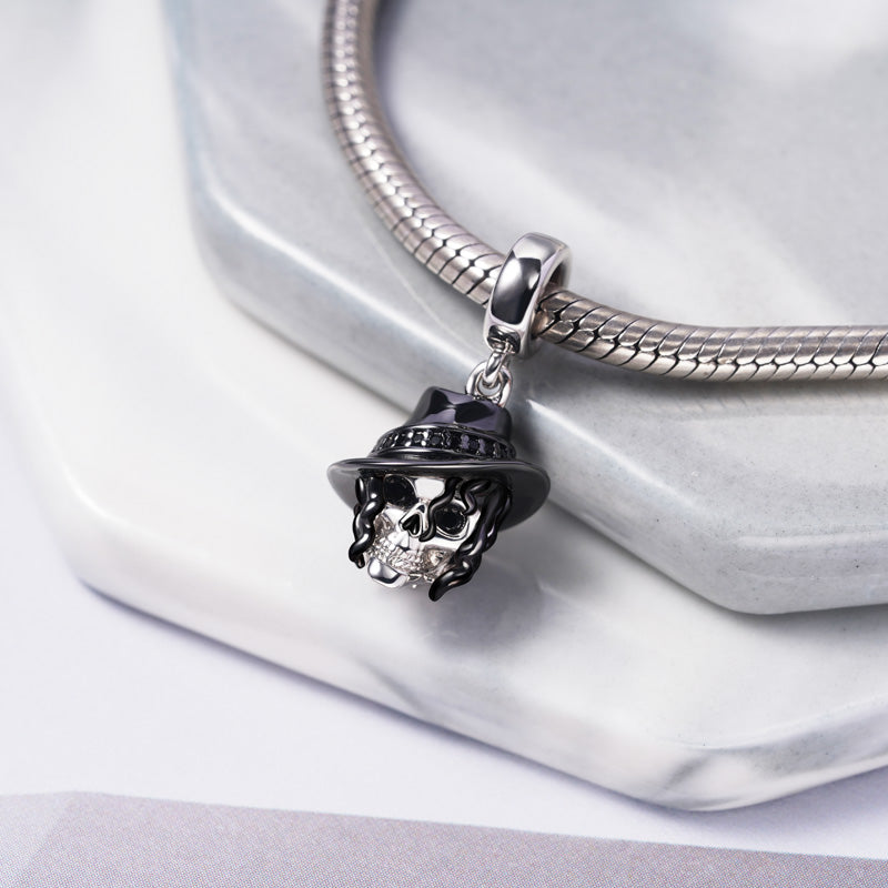 Curly Hair Skull with Hat Pendant Dangle Charm Sterling Silver Black Plated_2