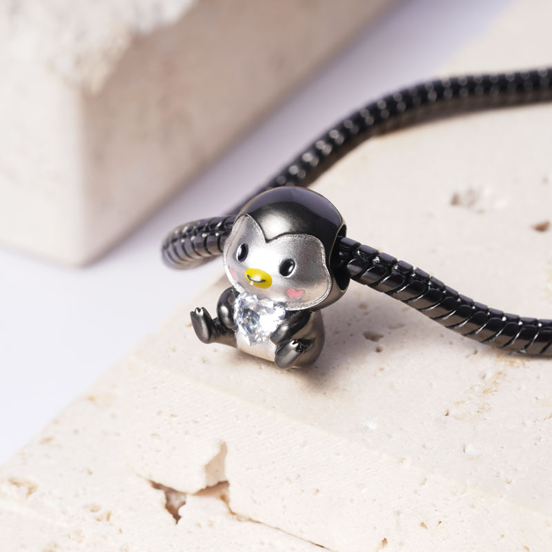Cute Penguin Embraces Heart Gemstone Charm Bead 925 Sterling Silver_3
