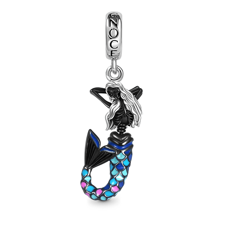 Skully Mermaid Pendant Dangle Charm 925 Sterling Silver with Colorful Enamels_1