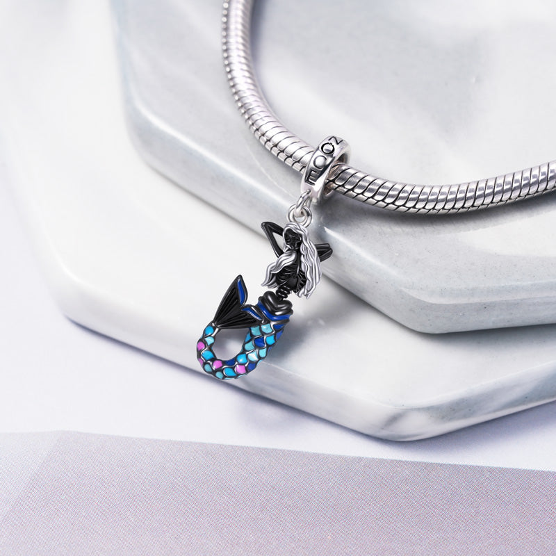 Skully Mermaid Pendant Dangle Charm 925 Sterling Silver with Colorful Enamels_2