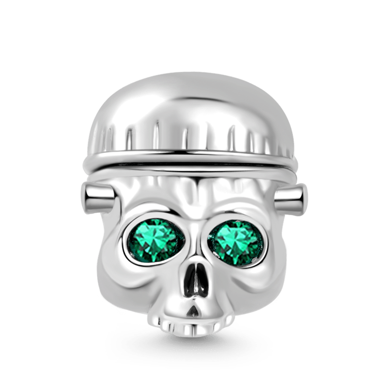 Skull with Openable Brain Charm Bead 925 Sterling Silver Inlaid with Emerald Zircon Eyes_2