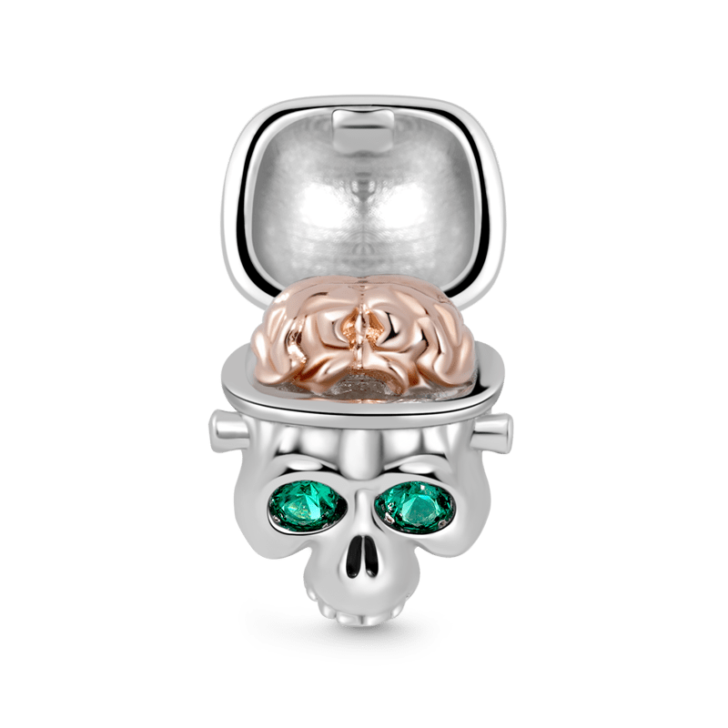 Skull with Openable Brain Charm Bead 925 Sterling Silver Inlaid with Emerald Zircon Eyes_1
