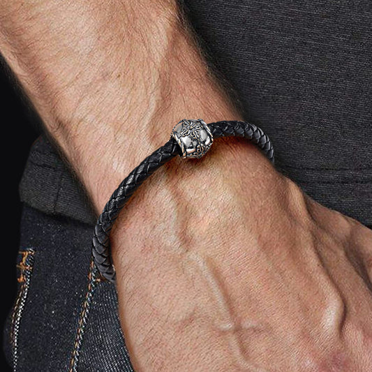 Vintage Pattern Men's Bead S925 Sterling Silver with Gift Copper Black Leather Men's Bracelet Jewelry for Men_4