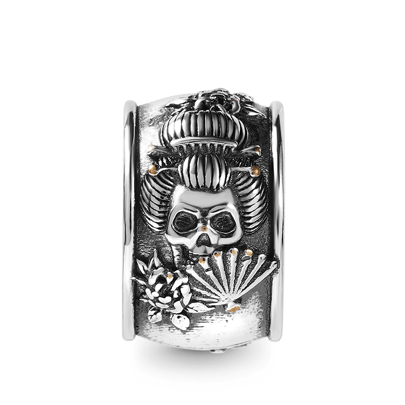 Geisha Skull Vintage Bead & Customized Classic Beads S925 Sterling Silver with Gift Copper Black Leather Men's Bracelet Jewelry for Men_2