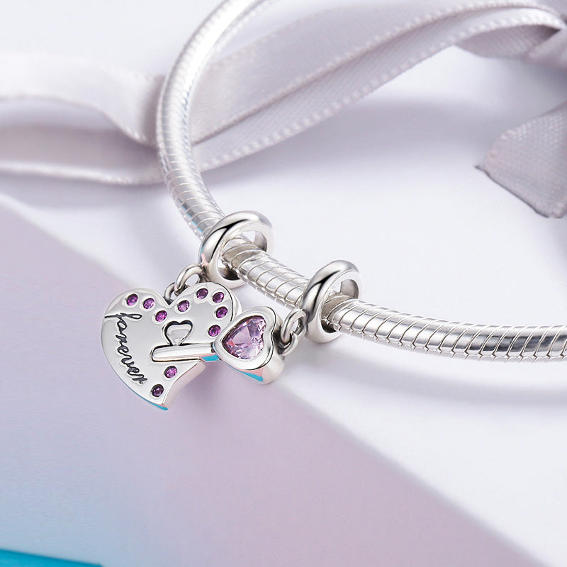 Heart and Key Set Pendant Dangle Charm 925 Sterling Silver Inlaid with Purple Zircon Stones_2