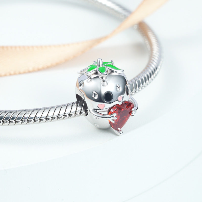 Cute Strawberry Embraces Heart Gemstone Charm Bead Sterling Silver_2
