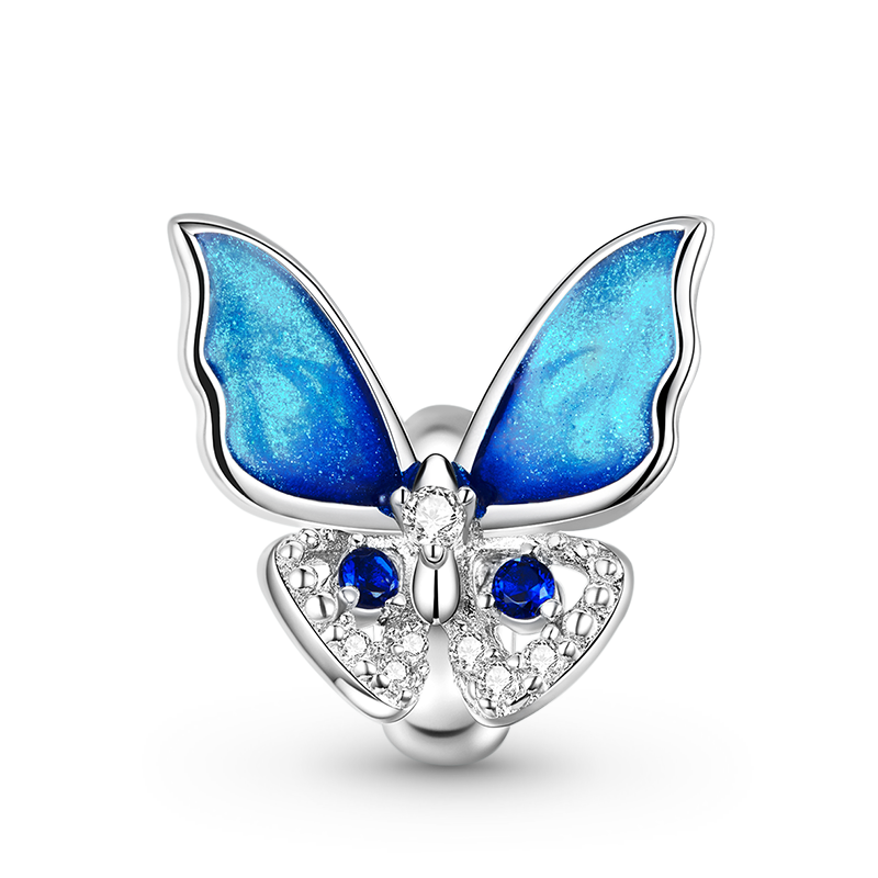 Blue Butterfuly Stopper for Charm Bracelets 925 Sterling Silver Inlaid with Clear Gemstones_1