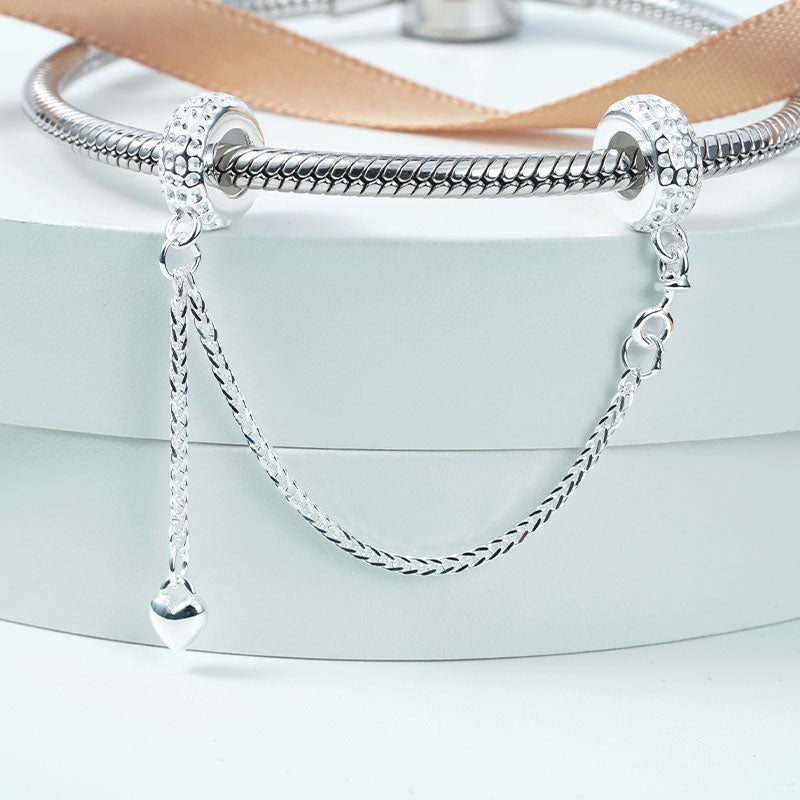 Lunar Surface Texture Safety Chain with Heart Dangle 925 Sterling Silver_2