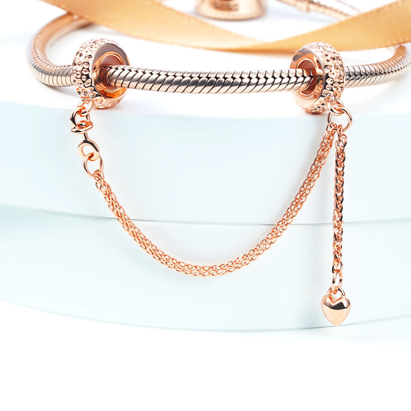Lunar Surface Texture Safety Chain with Heart Dangle 925 Sterling Silver 18K Rose Gold Plated_2